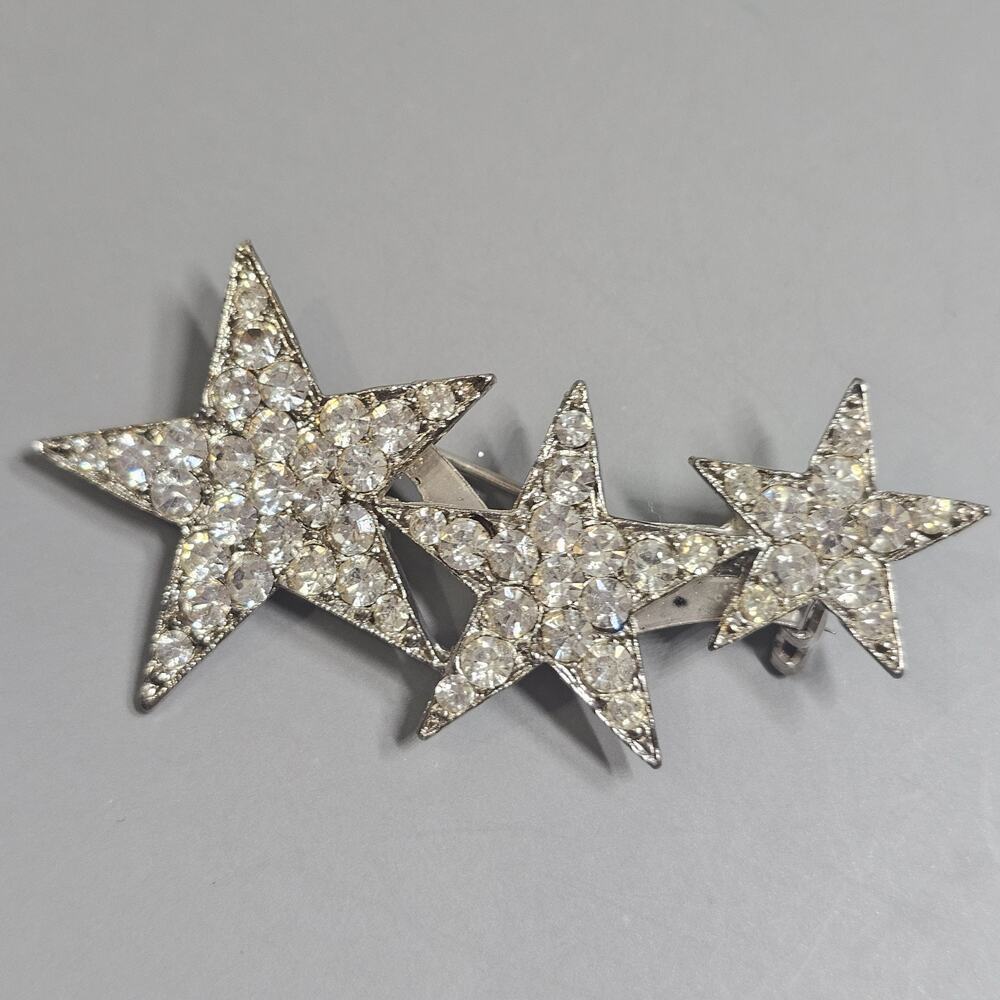 Triple Star Rhinestone Brooch Pin Sparkling Silvertone 2 1/4" MCM Vintage